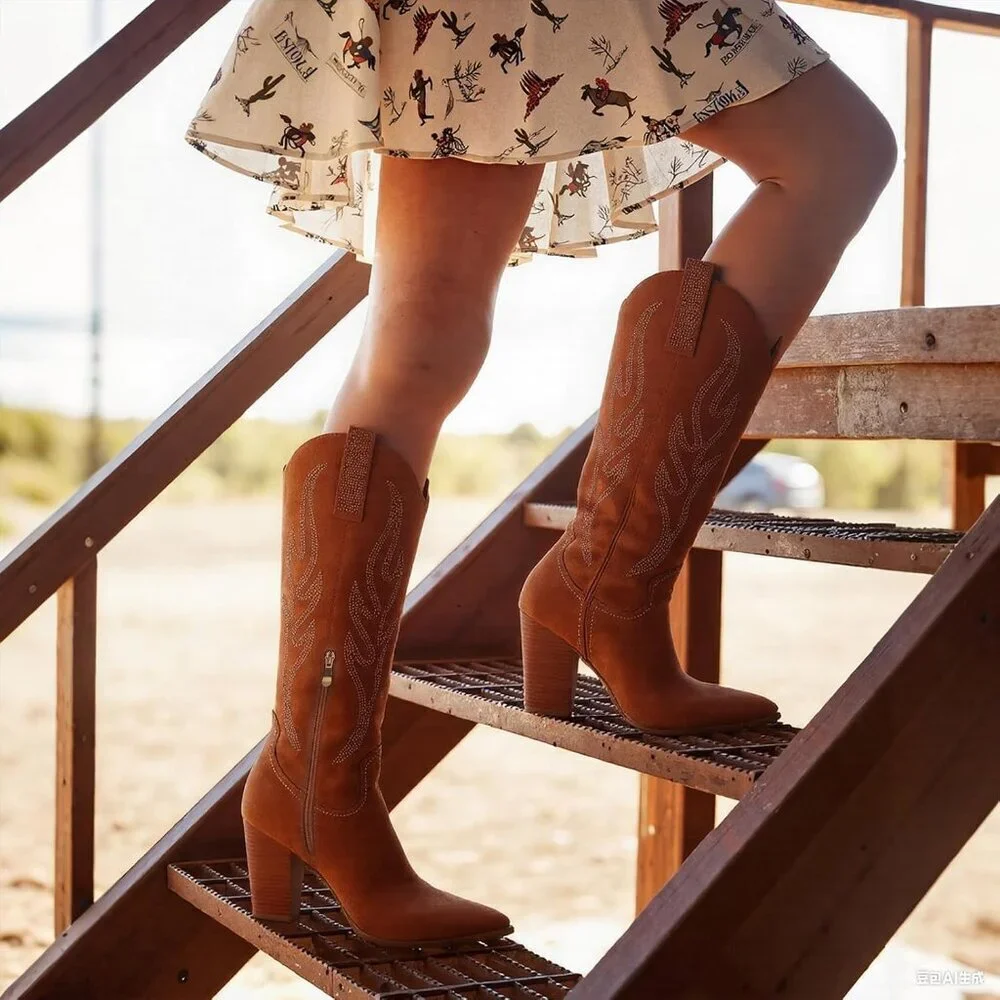 Women Suede Brown Rhinestones Embroidered Side Zip Pointed Toe Knee High Boots